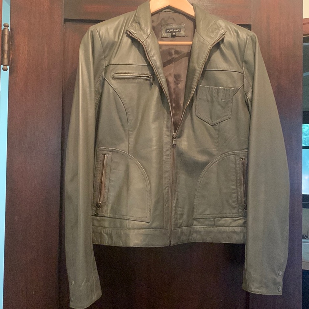 Olive zip front leather jacket